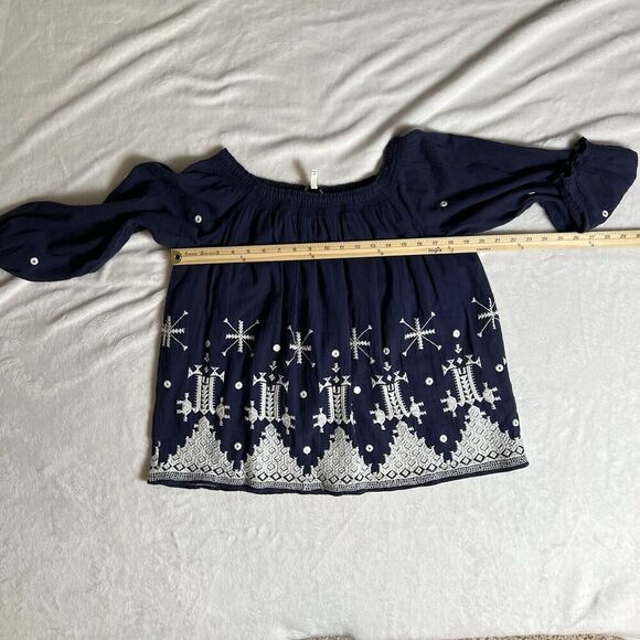Joie Anthropologie Womens Peasant Blouse Size M Navy Blue White Embroidery Boho - Picture 5 of 6